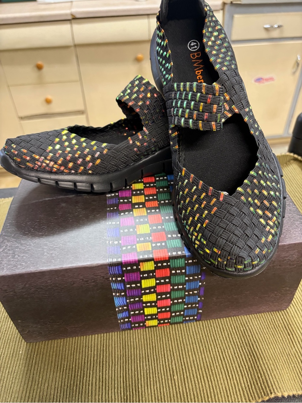 bernie mev. Black Woven Mary Jane Flats with Multicolor Accents